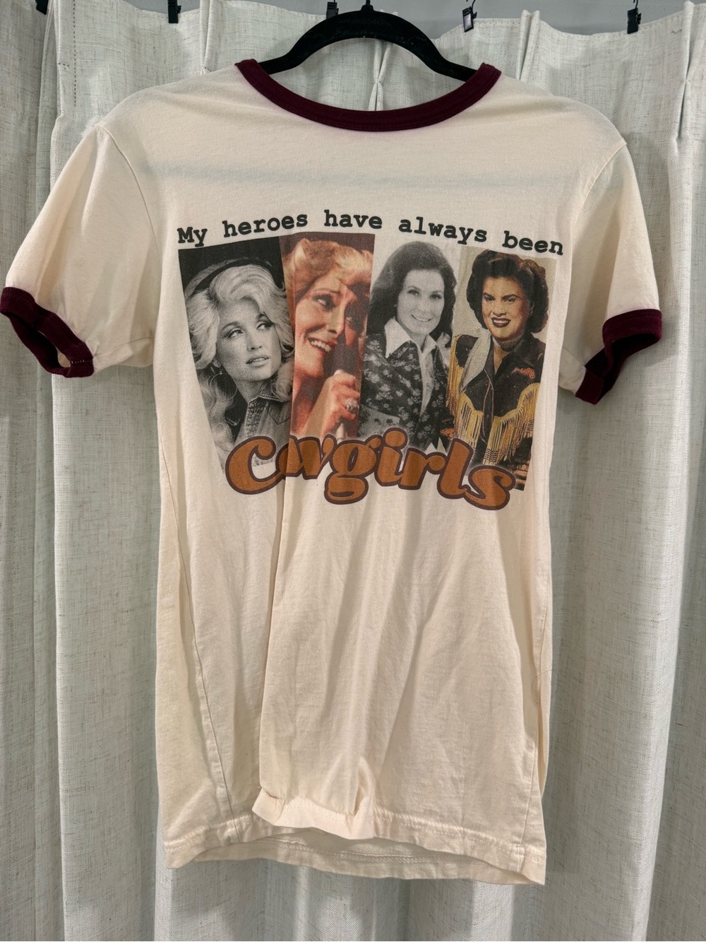 Cowgirls Graphic Ringer Tee - Cream with Burgundy Trim